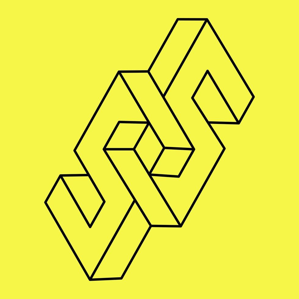 Impossible shapes. Sacred geometry. Optical illusion. Abstract eternal geometric object. Impossible endless outline. Impossible geometry symbol isolated on a yellow background. Op art. Line art. vector