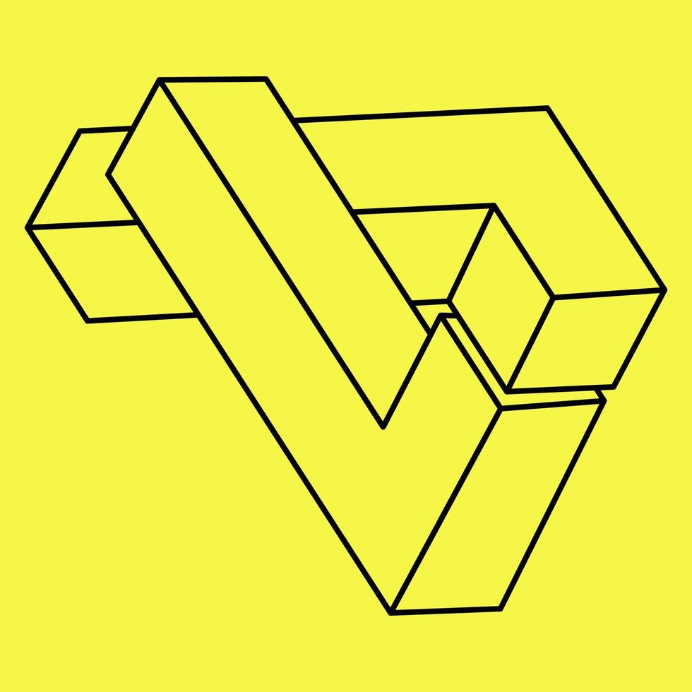 Impossible shapes. Sacred geometry. Optical illusion. Abstract eternal geometric object. Impossible endless outline. Impossible geometry symbol isolated on a yellow background. Optical art. Line art. vector