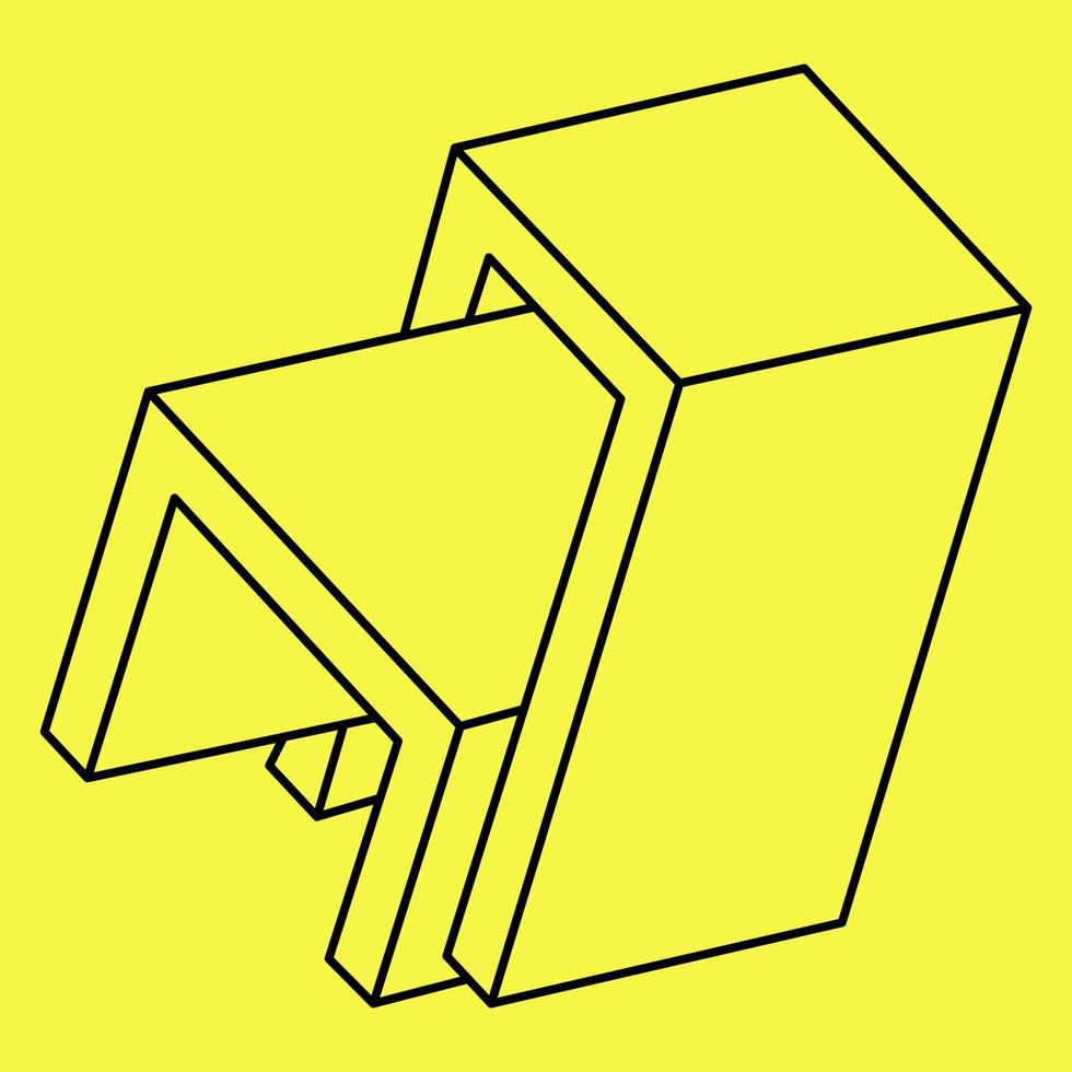 Impossible shapes. Sacred geometry. Optical illusion shape. Abstract eternal geometric object. Impossible endless outline. Impossible geometry figure on a yellow background. Op art. Line art. vector