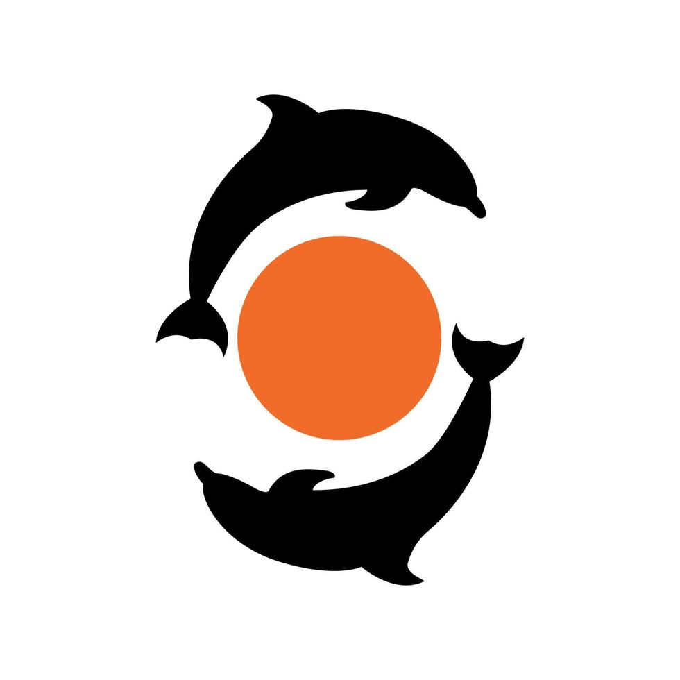two dolphin and circle sunset logo design vector