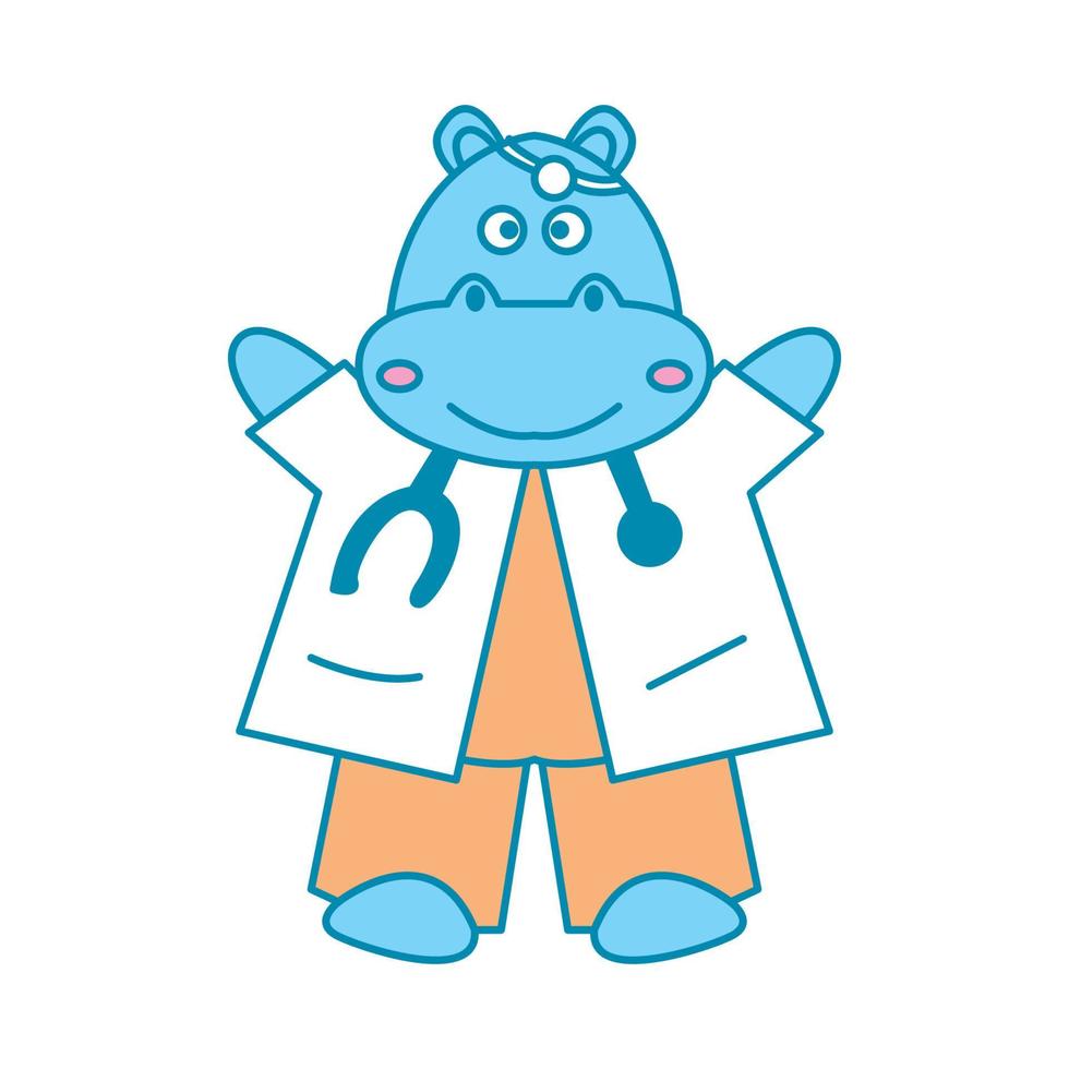 hipopótamo como médico médico lindo dibujo animado vector ilustración