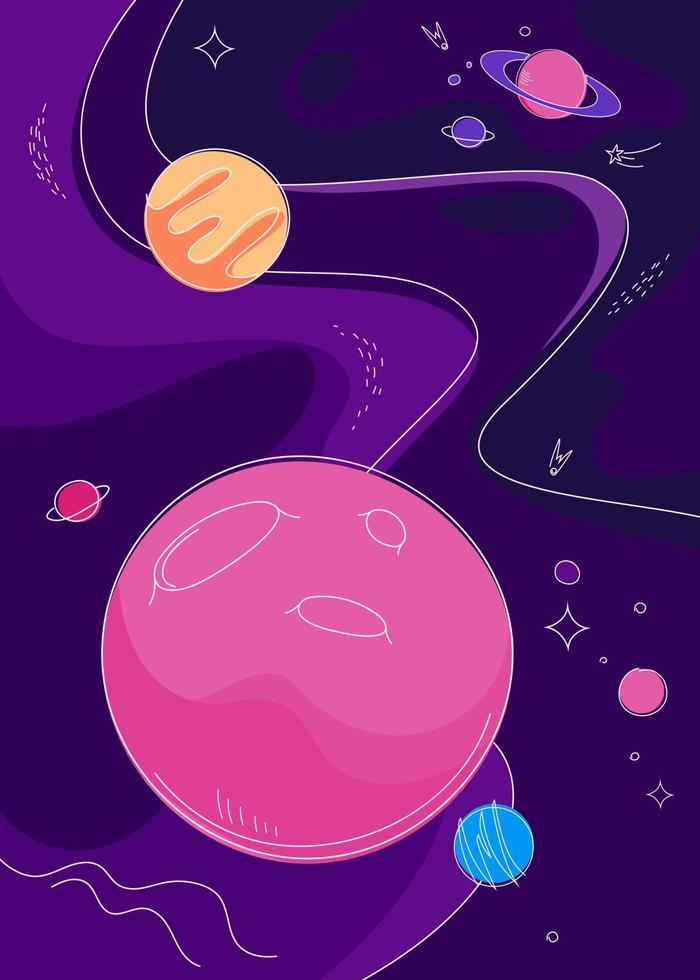 Poster with different planets. Placard design in doodle style. vector
