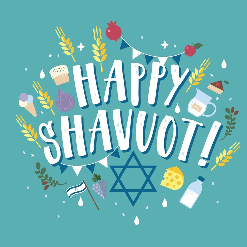 Fresh dairy products milk, cheese , wheat, fruits apple, pomegranate, figs , cheesecake, olives. Concept of Judaic holiday Shavuot. Happy Shavuot in Hebrew. Israel holiday vector