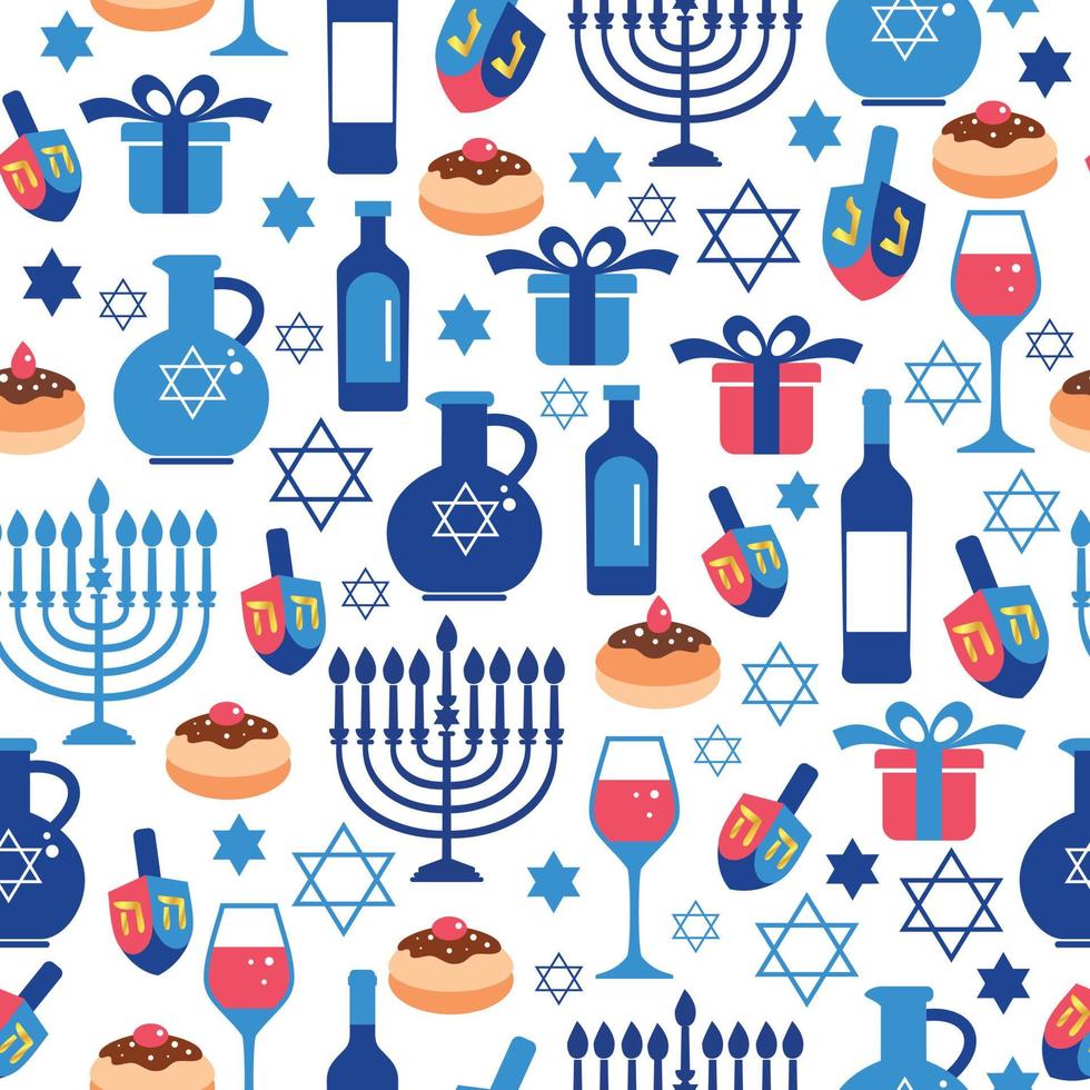 Jewish holiday Hanukkah greeting card traditional Chanukah symbols. Seamless pattern. vector