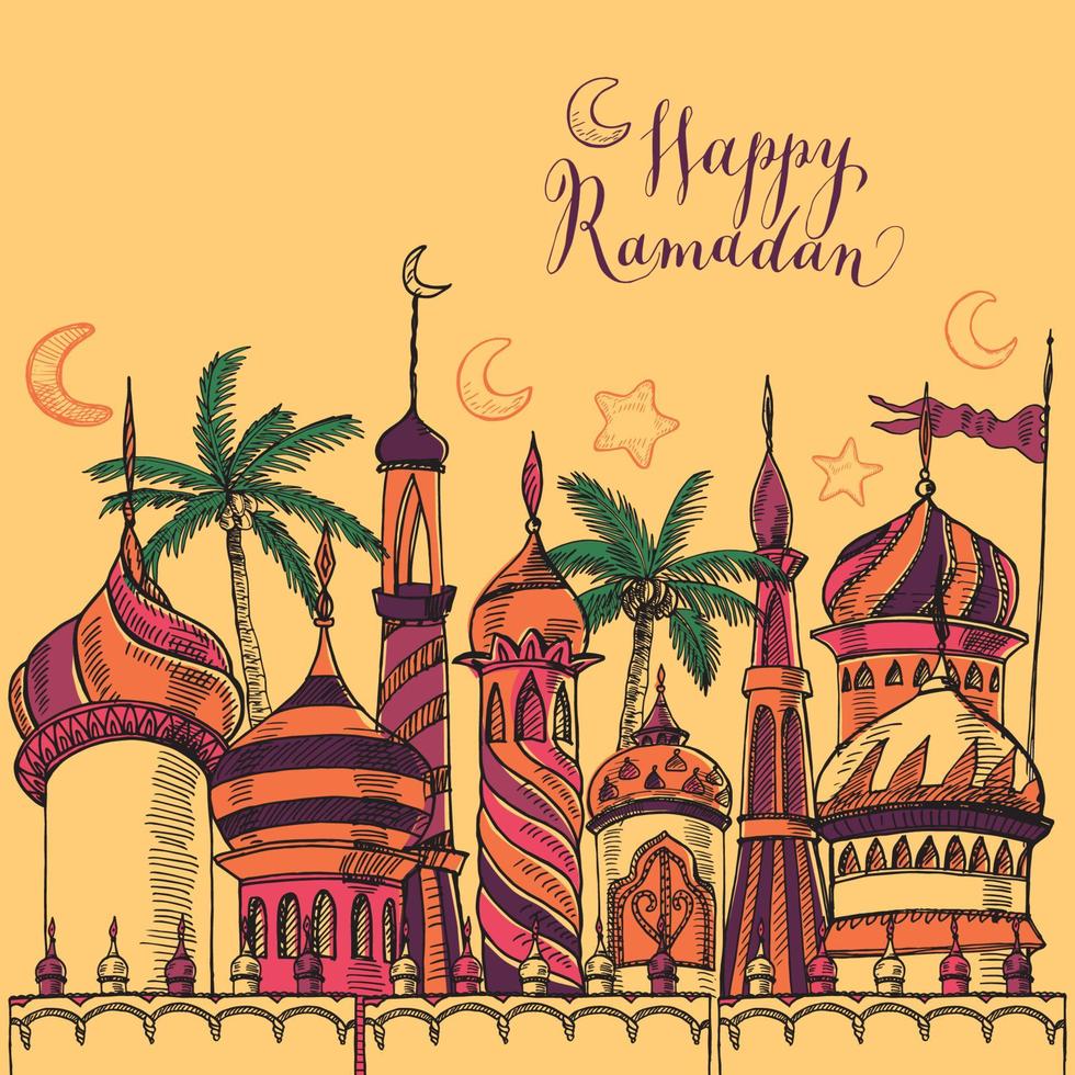 Ramadan greeting illustration with silhouette of mosque. Multicolor seamless background. Ramadan Kareem. Creative design concept for muslim holiday. vector
