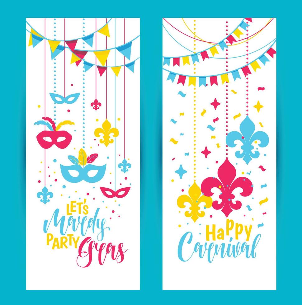 Mardi Gras colored vertical banners set with a mask and fleur-de-lis, isolated on white background. Vector illustration.