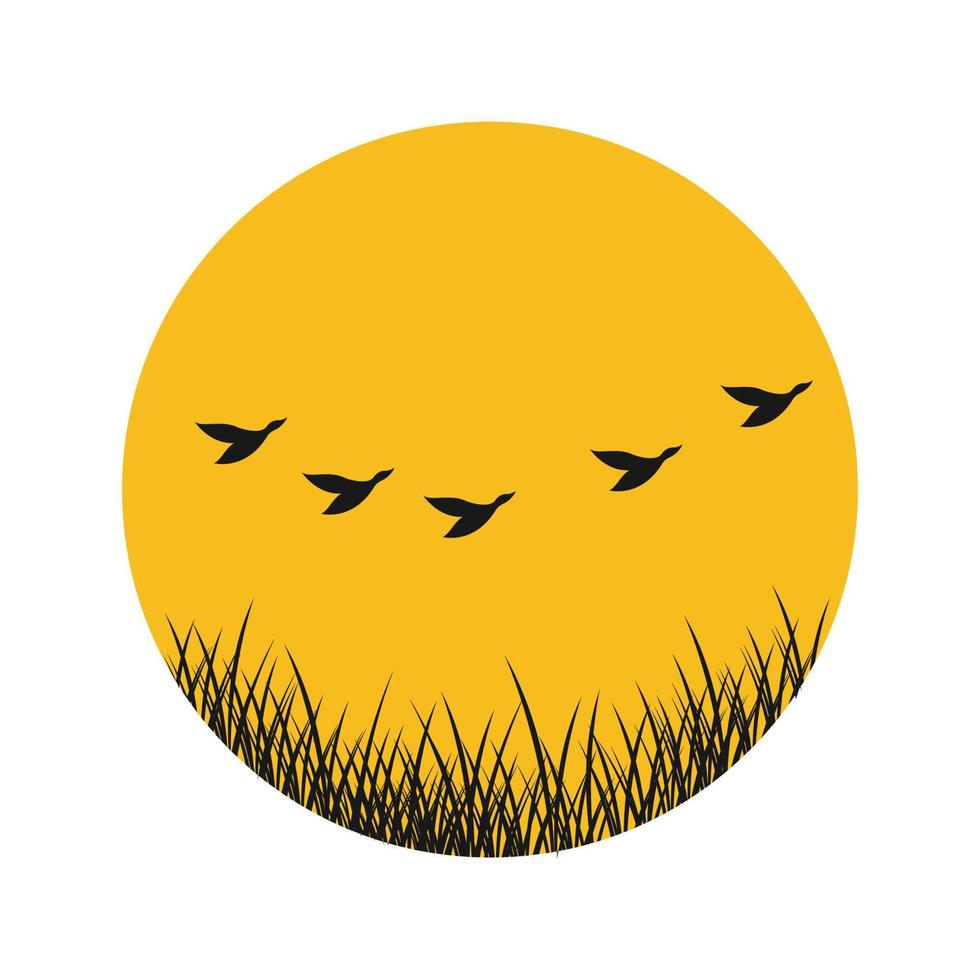 grass with sunset and bird group fly logo symbol icon vector graphic design illustration idea creative