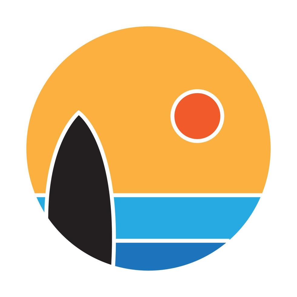 abstract sea sunset with surf board logo vector icon illustration design