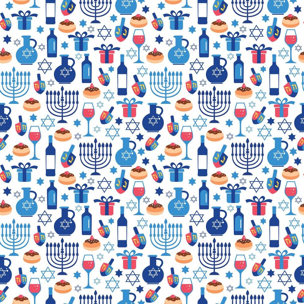 Jewish holiday Hanukkah greeting card traditional Chanukah symbols. Seamless pattern. vector