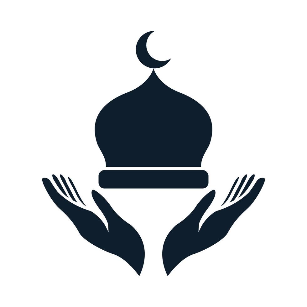 cúpula de mezquita con diseño de ilustración de icono de vector de logotipo de oración de mano