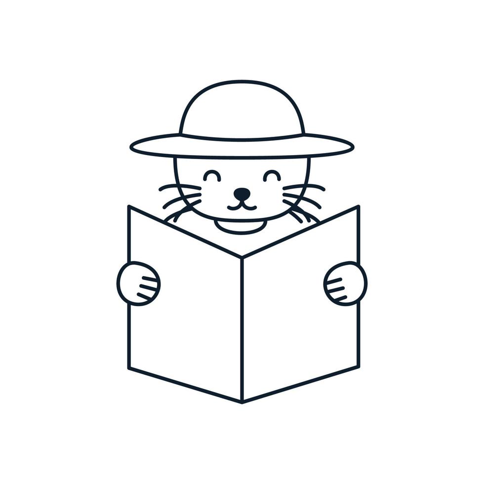 ilustración lindo gato de dibujos animados kitty gatito leer libro línea logotipo icono vector