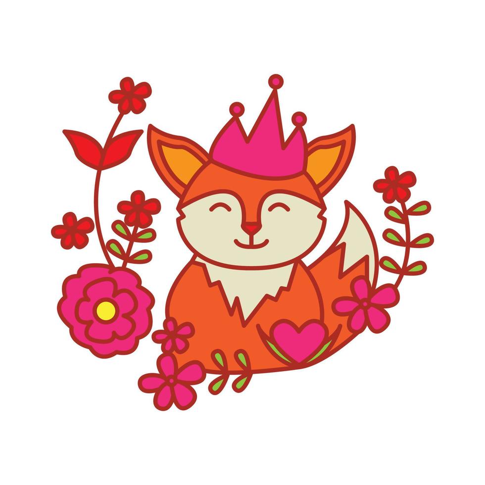 fox cute cartoon happy with plant flower logo icon vector illustration