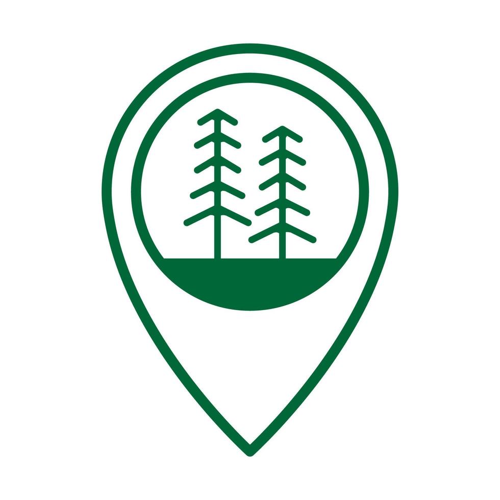 línea de pino o árbol o bosque con pin mapa ubicación logotipo vector icono ilustración diseño