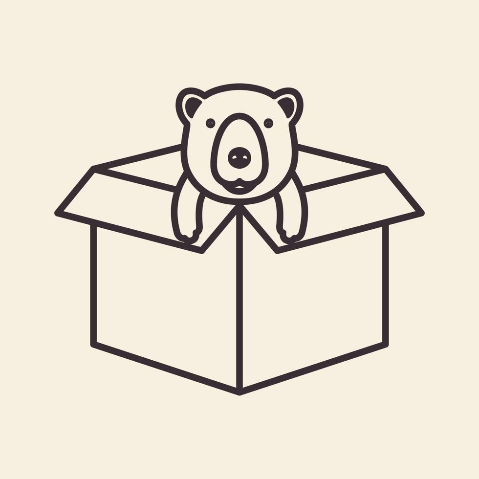 caja de cartón de línea con oso lindo logotipo símbolo icono vector diseño gráfico ilustración idea creativa