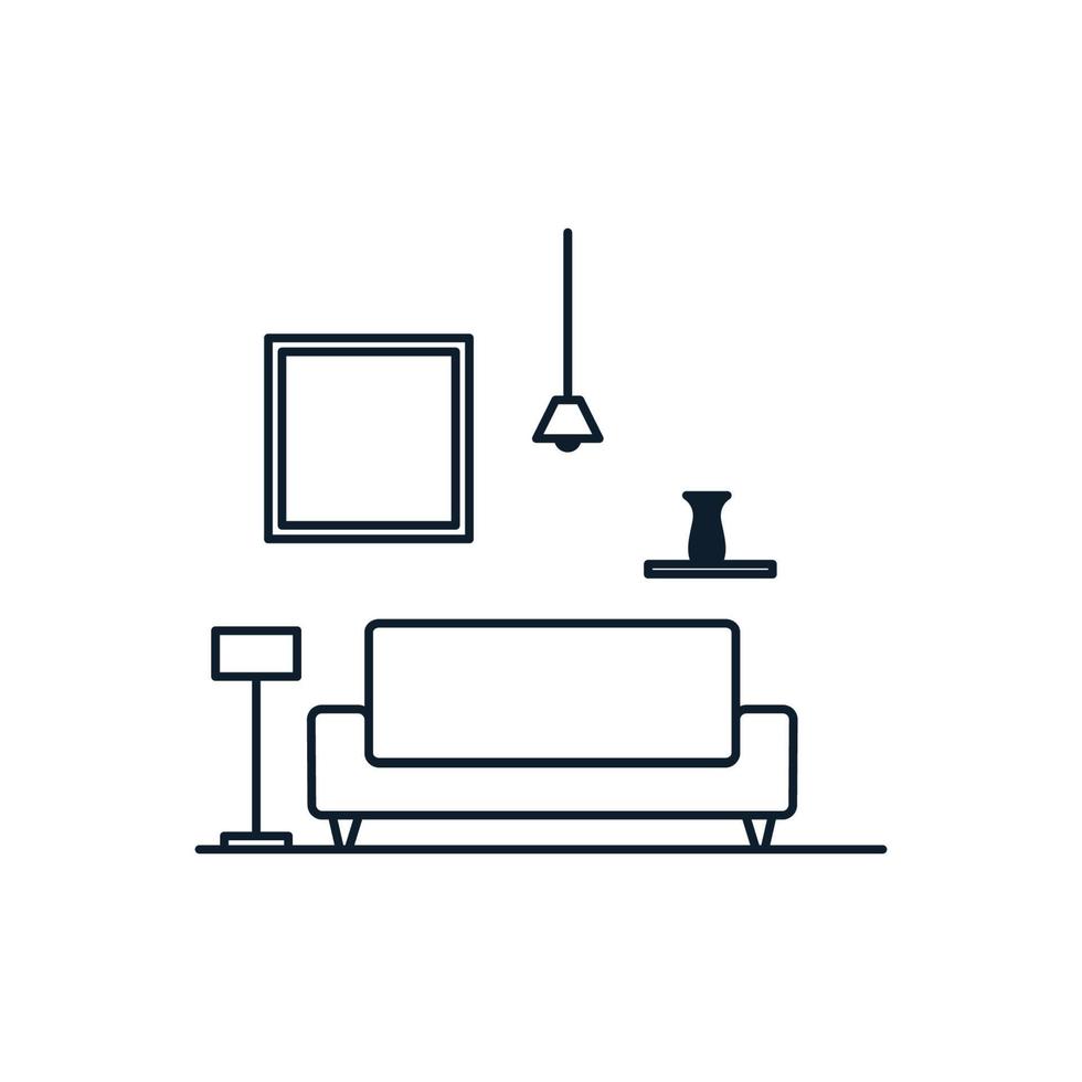 interior furniture living room with sofa and accessories line logo vector icon design illustration