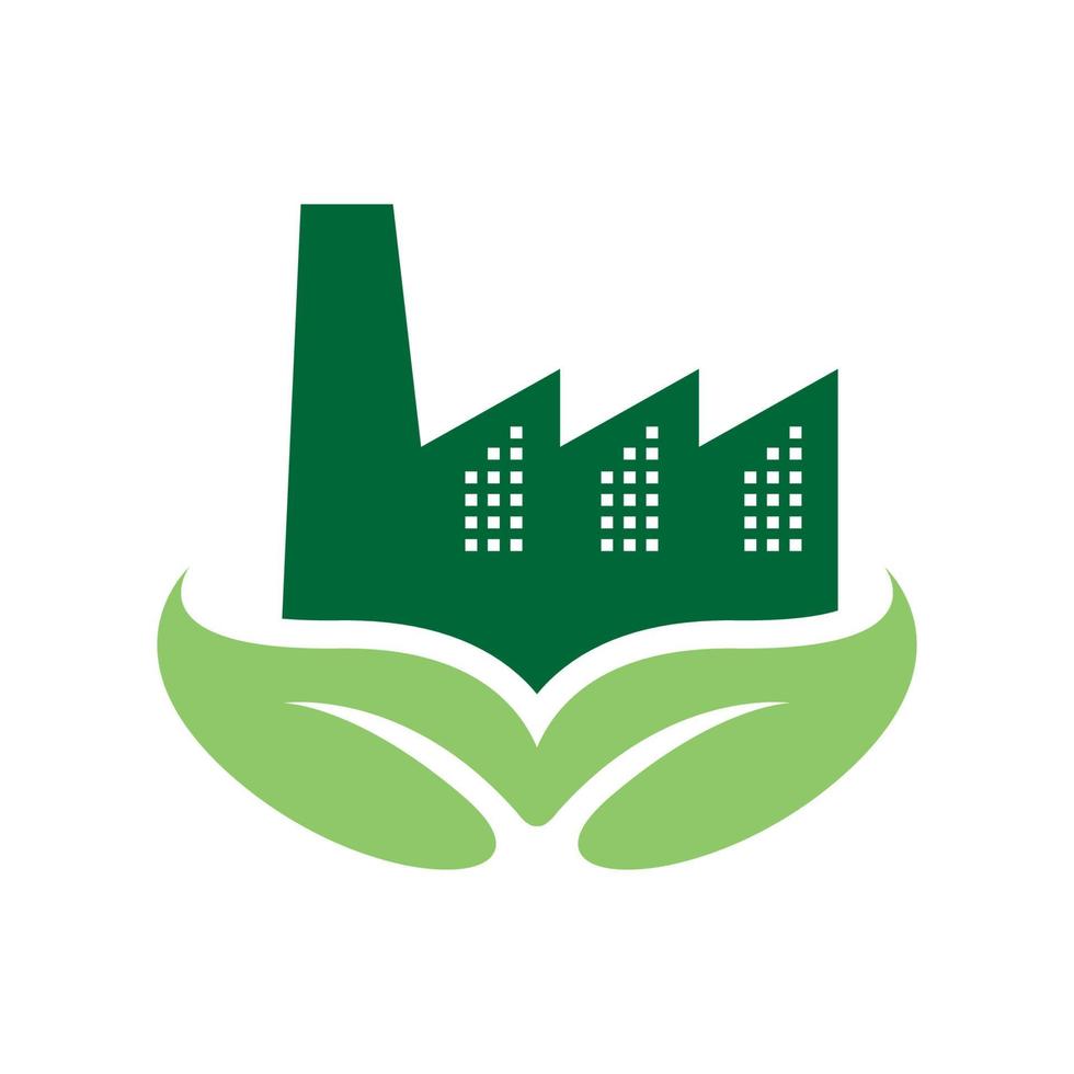 industria de la construcción de fábricas con hoja verde planta naturaleza logotipo vector icono diseño