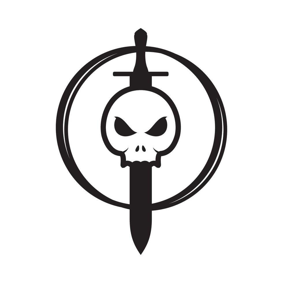 cráneo con espada atascada diseño de logotipo vector gráfico símbolo icono signo ilustración idea creativa