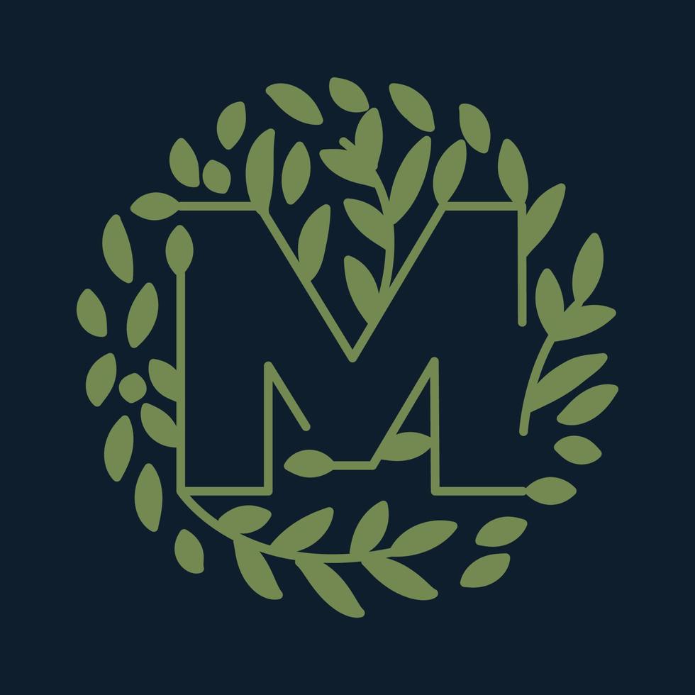 letra m con hoja verde jardín naturaleza ornamento logo vector icono diseño