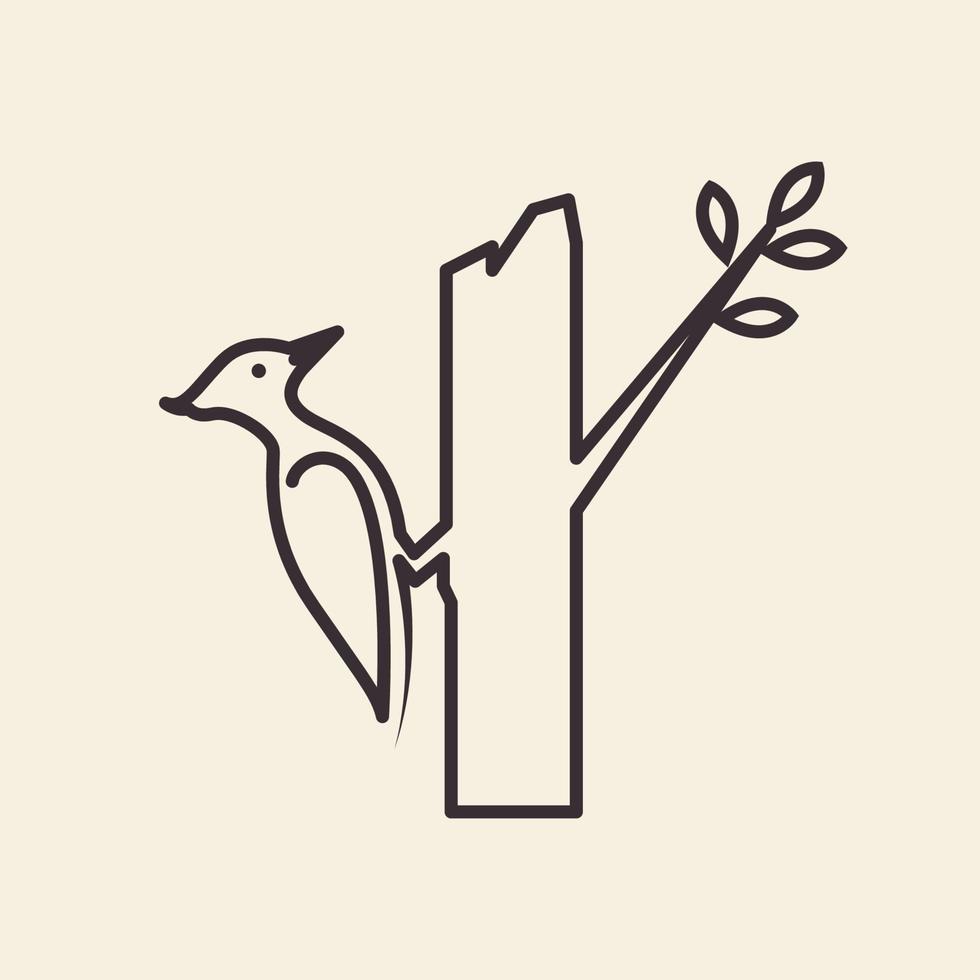bird woodpecker with tree trunk line logo symbol icon vector graphic design illustration idea creative