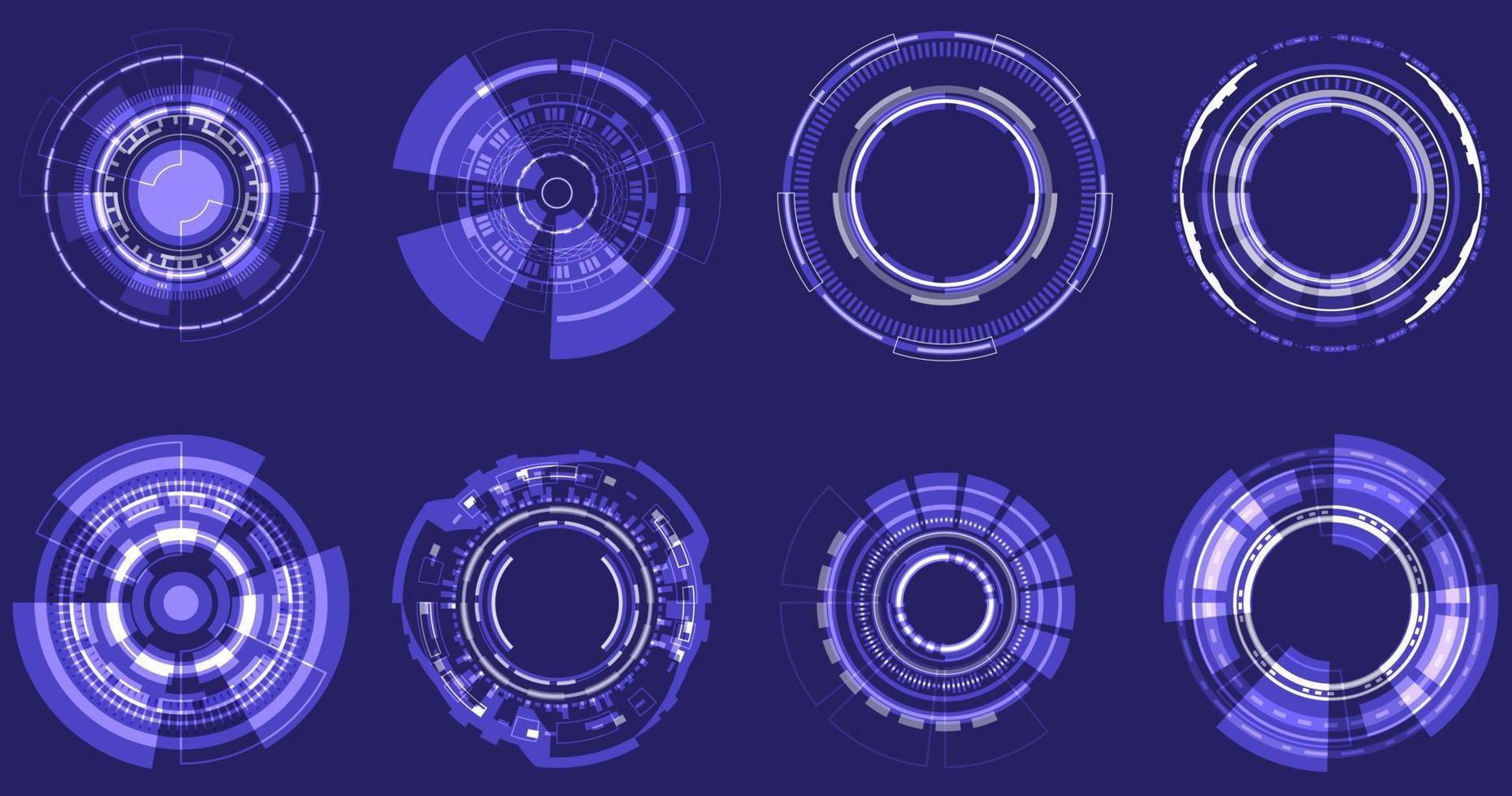 Futuristic Holographic circle of focus elements. Sci-fi round design. Military Collimator Sight. Collection HUD circuit. Camera Viewfinder set. Digital engineering vector