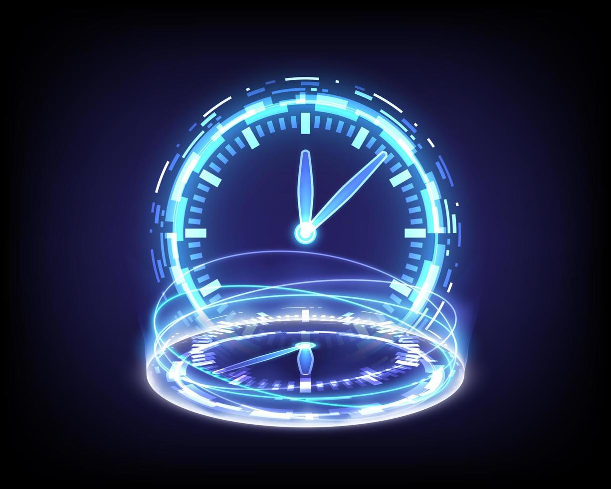 Portal and hologram time machine. Sci-fi digital hi-tech in glowing HUD projector. Magic gate in game fantasy. Circle teleport podium. GUI and UI virtual reality. Futuristic clock vector