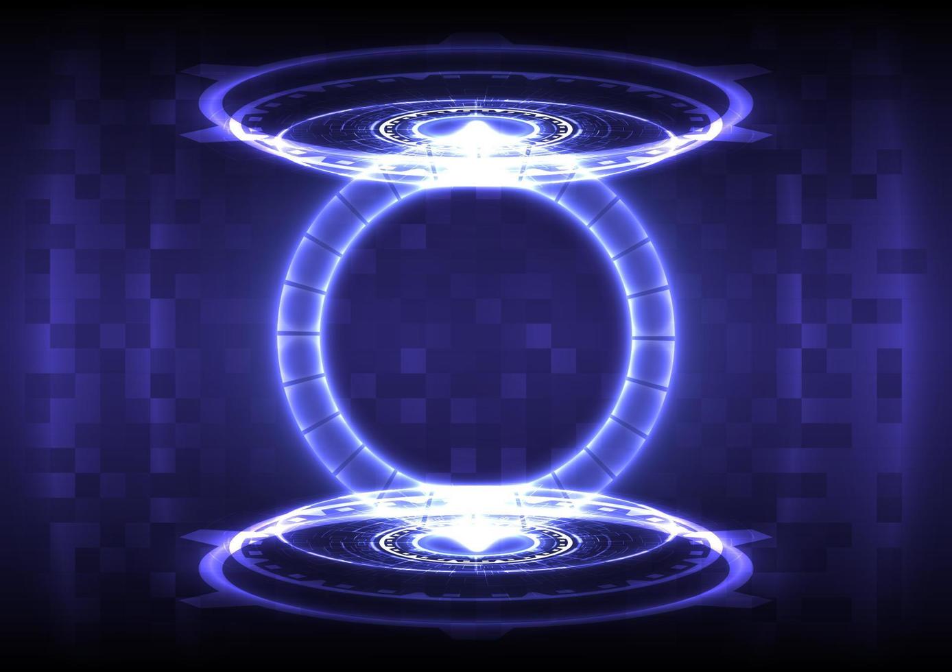 Portal and hologram science futuristic. Sci-fi digital hi-tech in glowing HUD projector element. Magic gate in game fantasy. Teleport podium. GUI and UI virtual reality interface vector