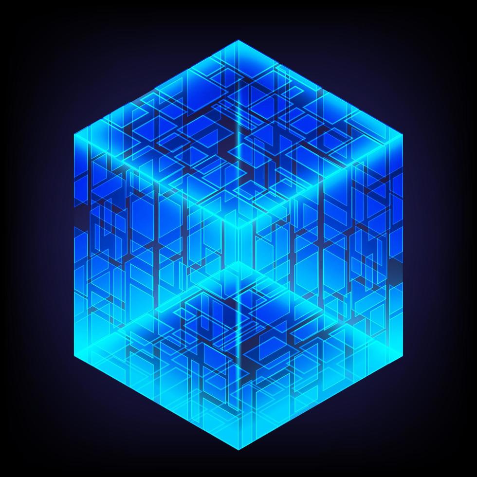 Bright and energy box. Light geometry. Smart code. Big data. Digital chip. Glare grid lines. Glow 3D cubes. CPU core. Abstract technology background. Futuristic hi-tech science. Computer engineer vector