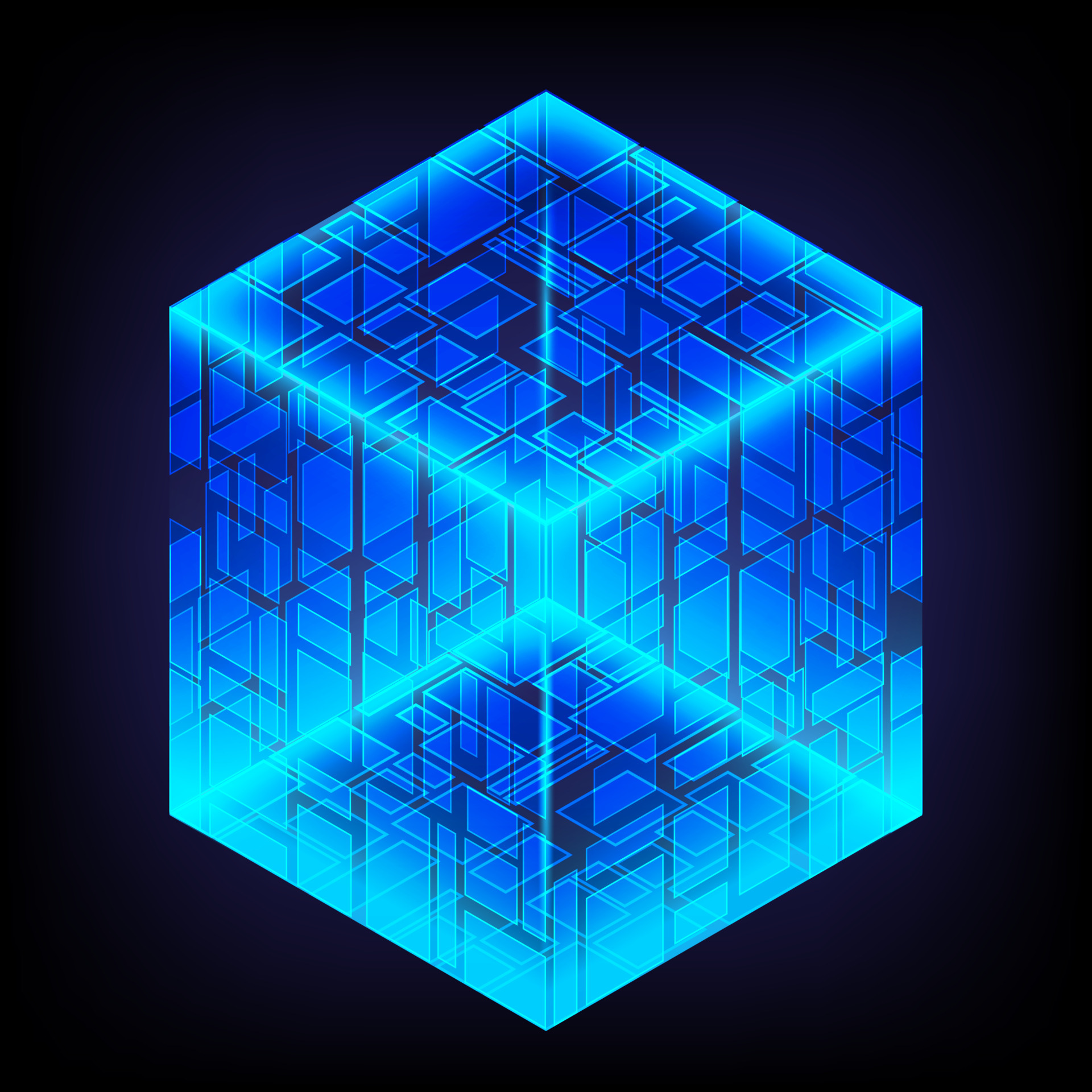 Bright and energy box. Light geometry. Smart code. Big data. Digital chip.  Glare grid lines. Glow 3D cubes. CPU core. Abstract technology background.  Futuristic hi-tech science. Computer engineer 5549928 Vector Art at