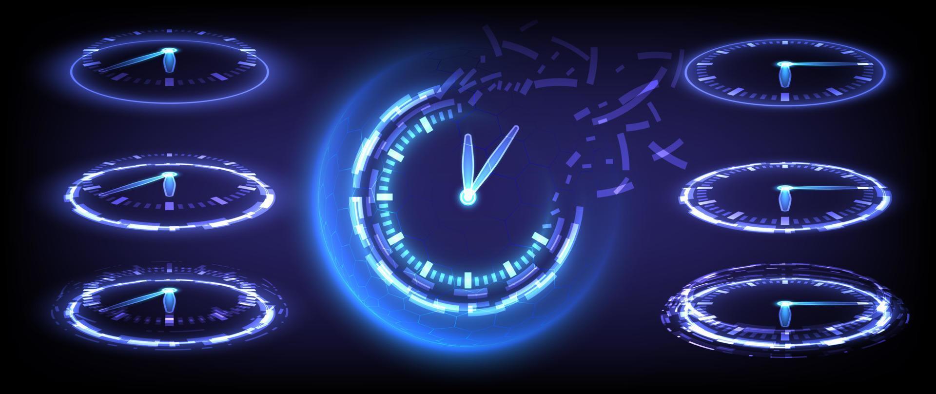 Time machine, timer and deadline. Sci-fi digital high-tech collection in  glowing HUD elements clock. Hologram portal of science futuristic  technology. Magic warp gate in game fantasy. Teleport podium 5549929 Vector  Art at
