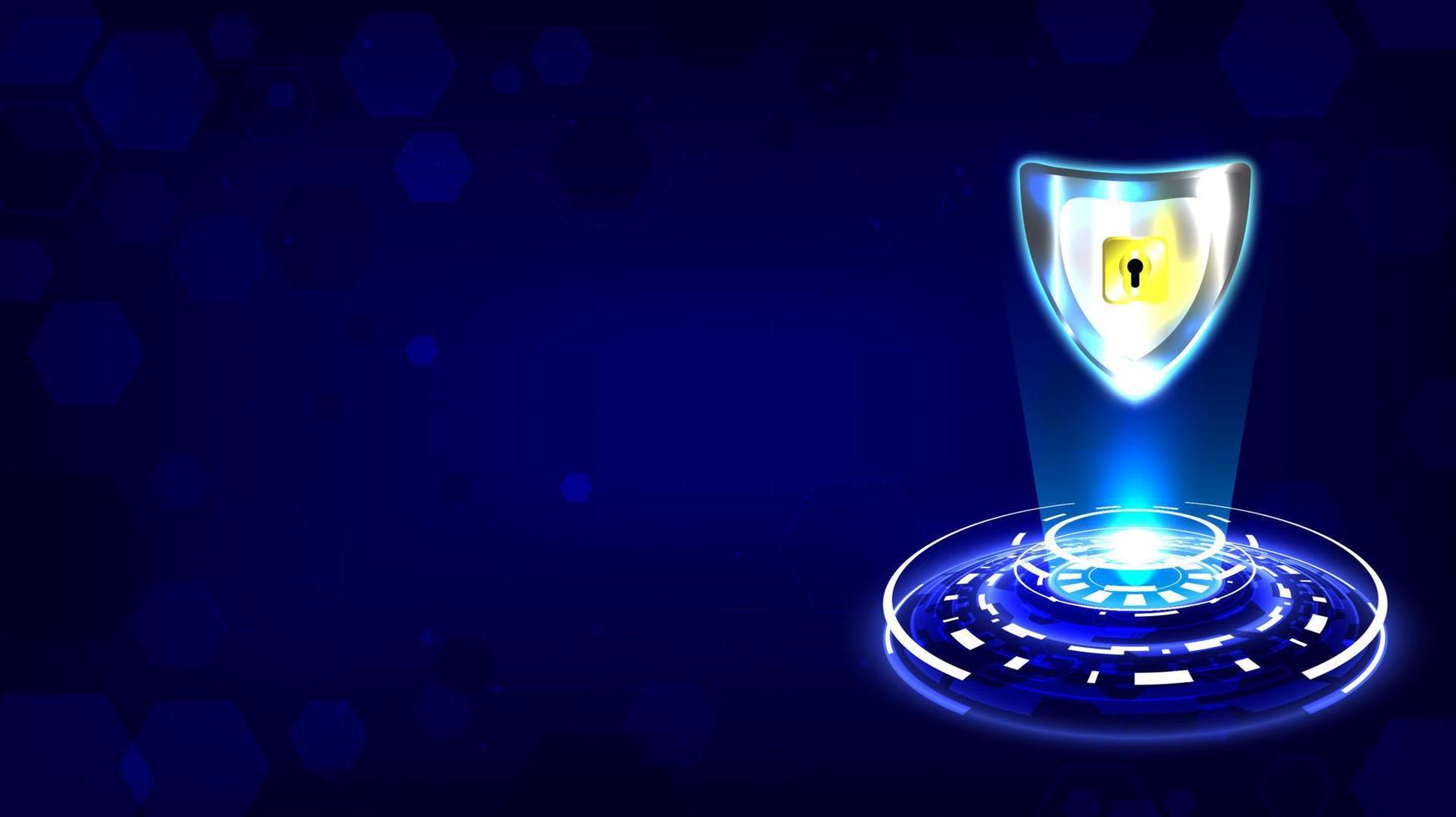 Futuristic glowing HUD of padlock with keyhole-shield icon in personal data security . Cyber safety data or information privacy. Abstract circuit board background vector