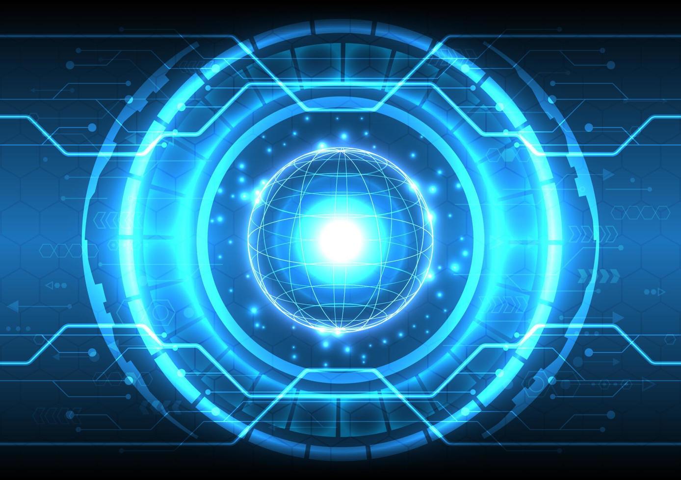 3D globe and neon light. Futuristic Sci-Fi glowing HUD circle element. Abstract hi-tech background. Hologram particle of head-up display interface. Virtual reality technology of engineer data science vector