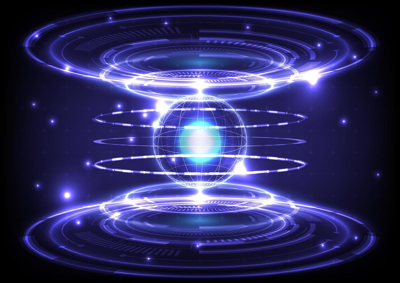 Portal and hologram science futuristic. Sci-fi digital hi-tech in glowing HUD projector. Magic gate in game fantasy. Circle teleport podium. GUI and UI virtual reality. Particle of globe structure vector