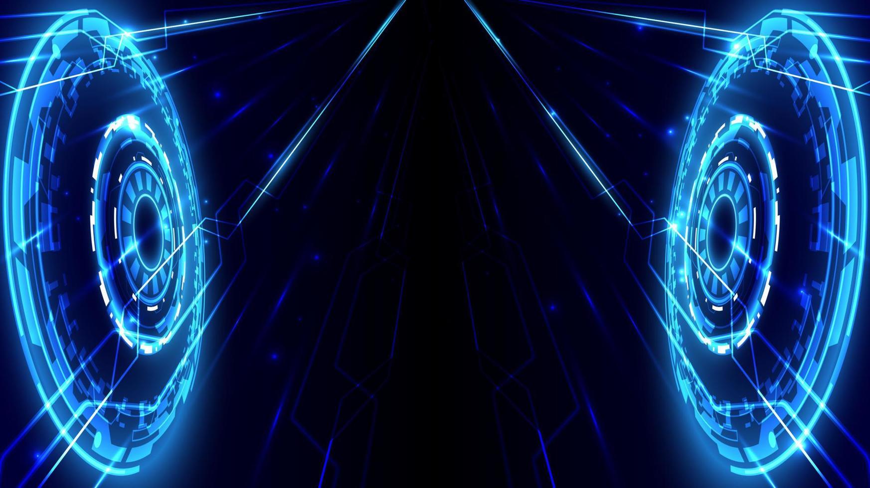 Perspective speed arrow and glowing HUD circle of computer data. Abstract futuristic high technology background. Internet motivation and connection to communicate of innovation vector