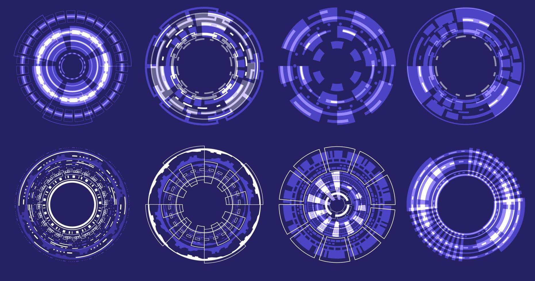 círculo holográfico futurista de elementos de enfoque. diseño redondo de ciencia ficción. visor de colimador militar. circuito de recogida hud. conjunto de visor de cámara. digital de ingenieria de datos vector