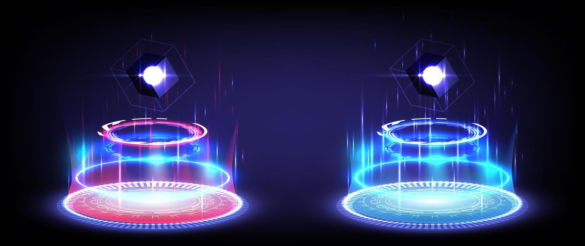 Red and blue neon. Sci-fi digital high-tech collection in glowing HUD. Hologram portal of science futuristic. Magic warp gate in game fantasy. Abstract technology. Circle teleport podium vector