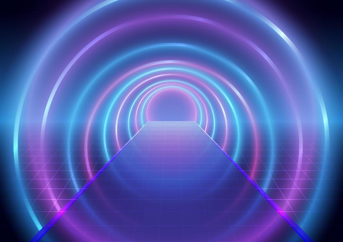 Futuristic blue and pink neon laser rings with blur shadow. Ultraviolet fluorescent light tunnel Background vector