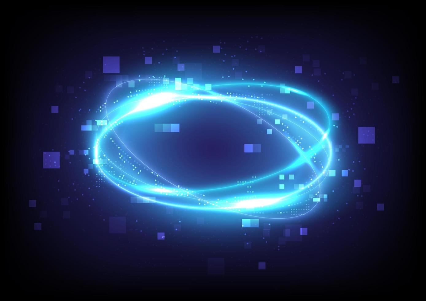 Technology glowing swirl light effect. Magic abstract frame. Power energy of circular element. Luminous sci-fi. Shining neon lights cosmic. Futuristic swirl universe trail effect. Glitch and pixels vector