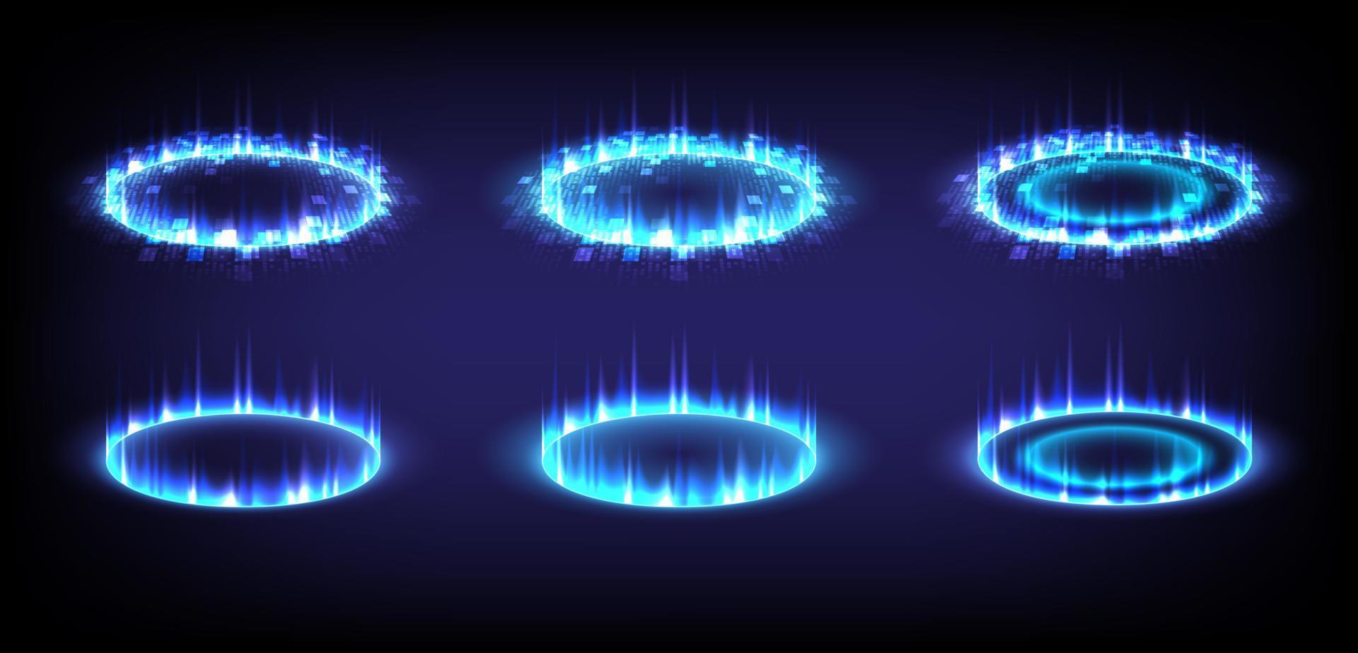Sci-fi high-tech stage collection in glowing HUD. Hologram portal of science futuristic. Magic warp gate in game fantasy. 3D Music sound wave. Circle teleport podium. GUI, UI virtual reality users vector