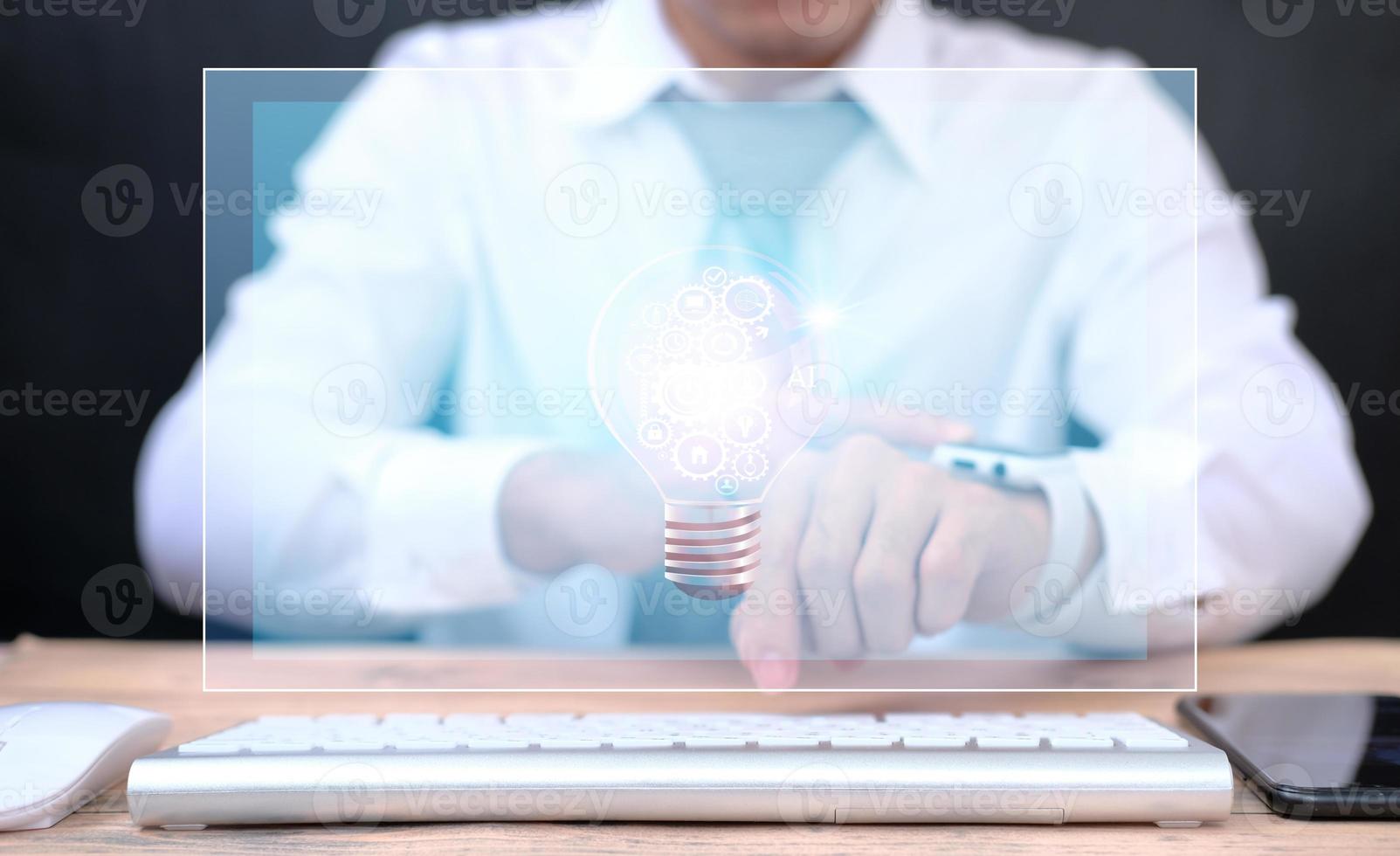 Businessman using smartwatch and business icon virtual screen and internet data and Artificial intelligence technology in the future concept photo