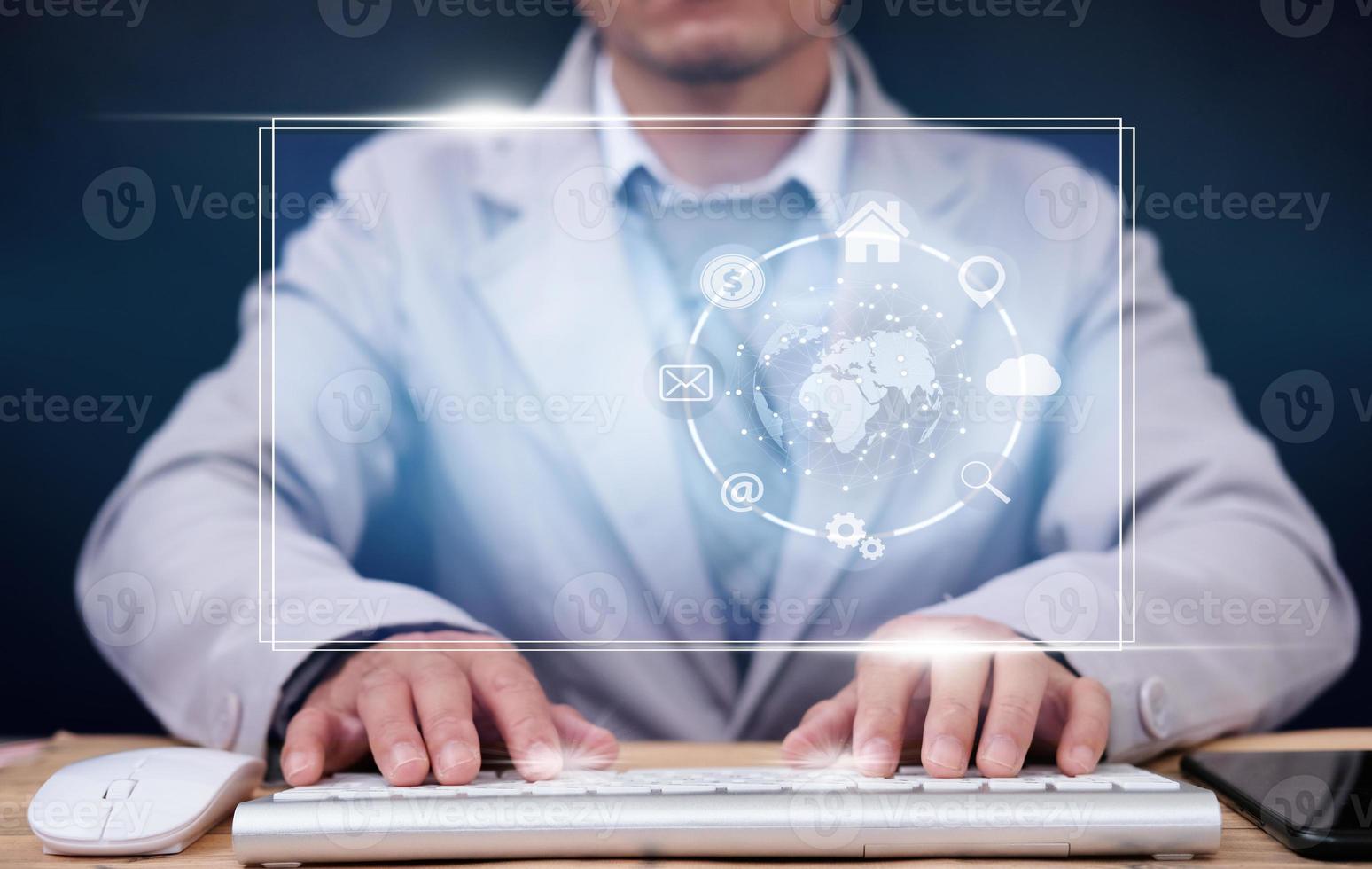 Businessman using smartwatch and business icon virtual screen and internet data and Artificial intelligence technology in the future concept photo