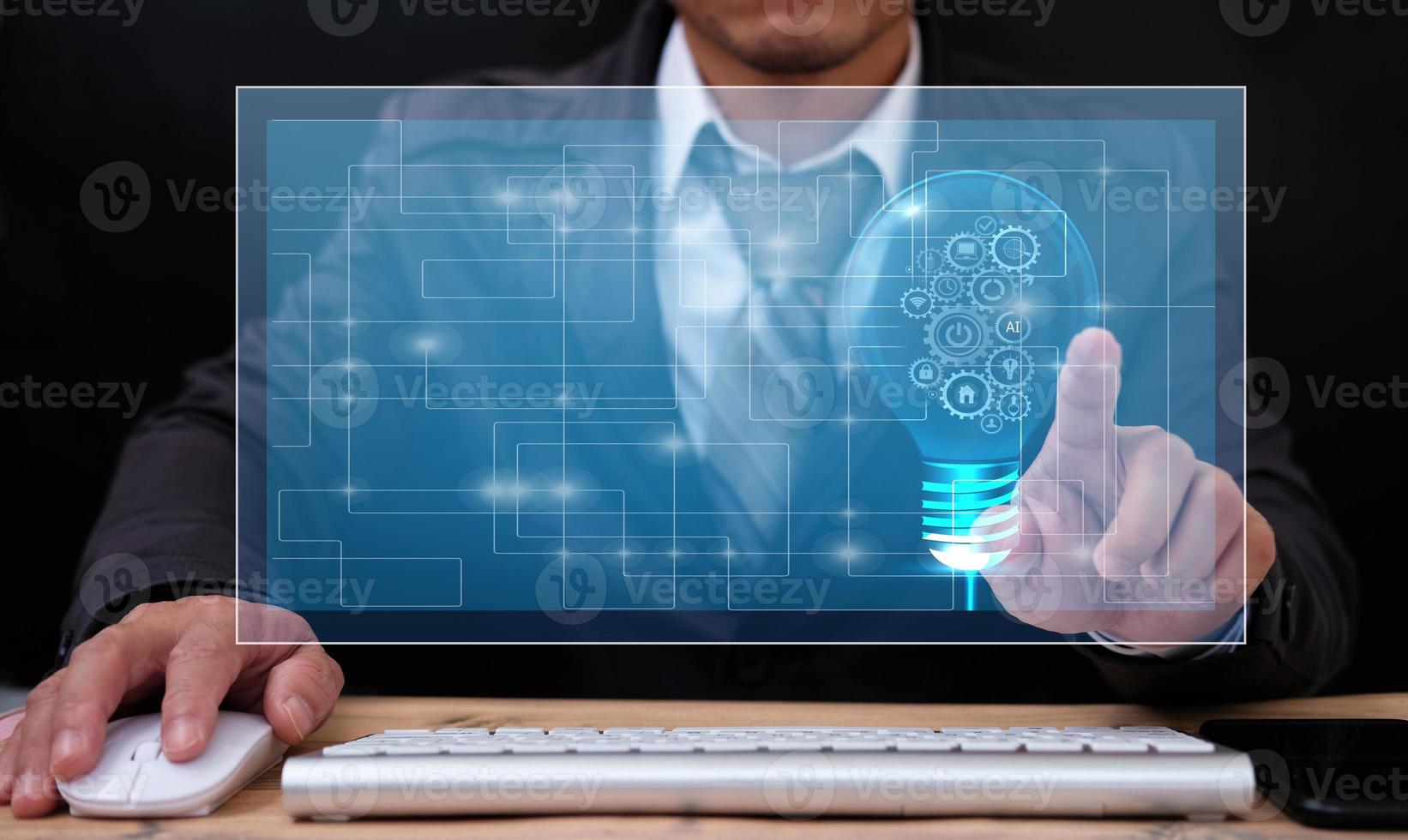 Businessman using smartwatch and business icon virtual screen and internet data and Artificial intelligence technology in the future concept photo