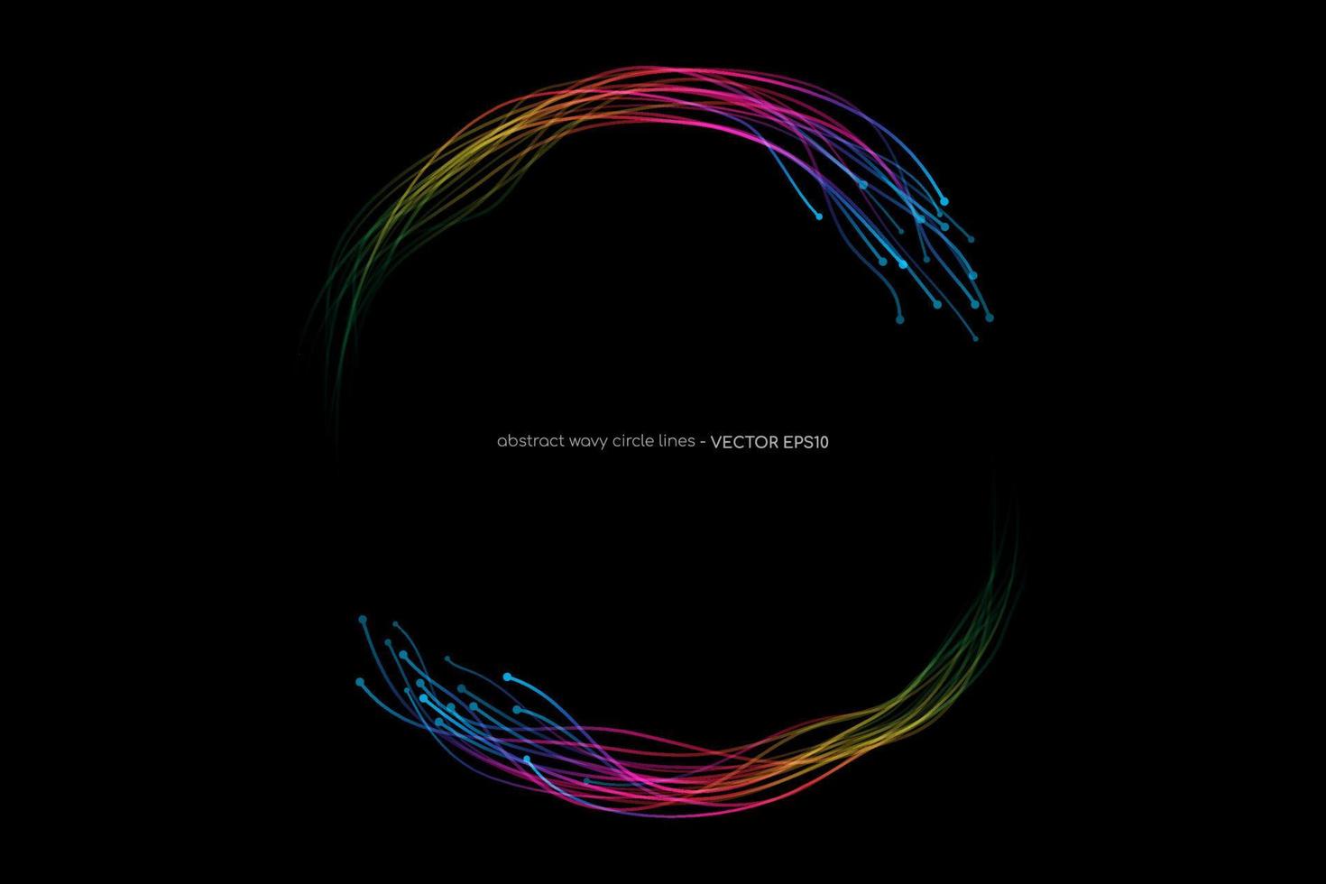 Abstract wavy dynamic spectrum light lines circle swirl round frame isolated on black background in concept technology, neural network, neurology, science, music vector