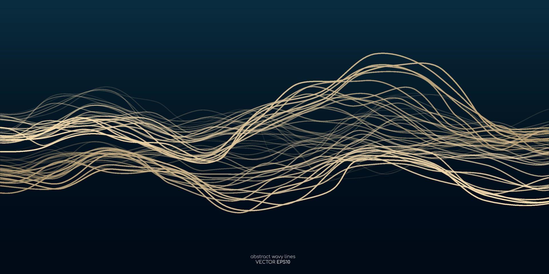 Vector gold wave lines isolated on dark teal blue gradient background in concept luxury, music, technology.