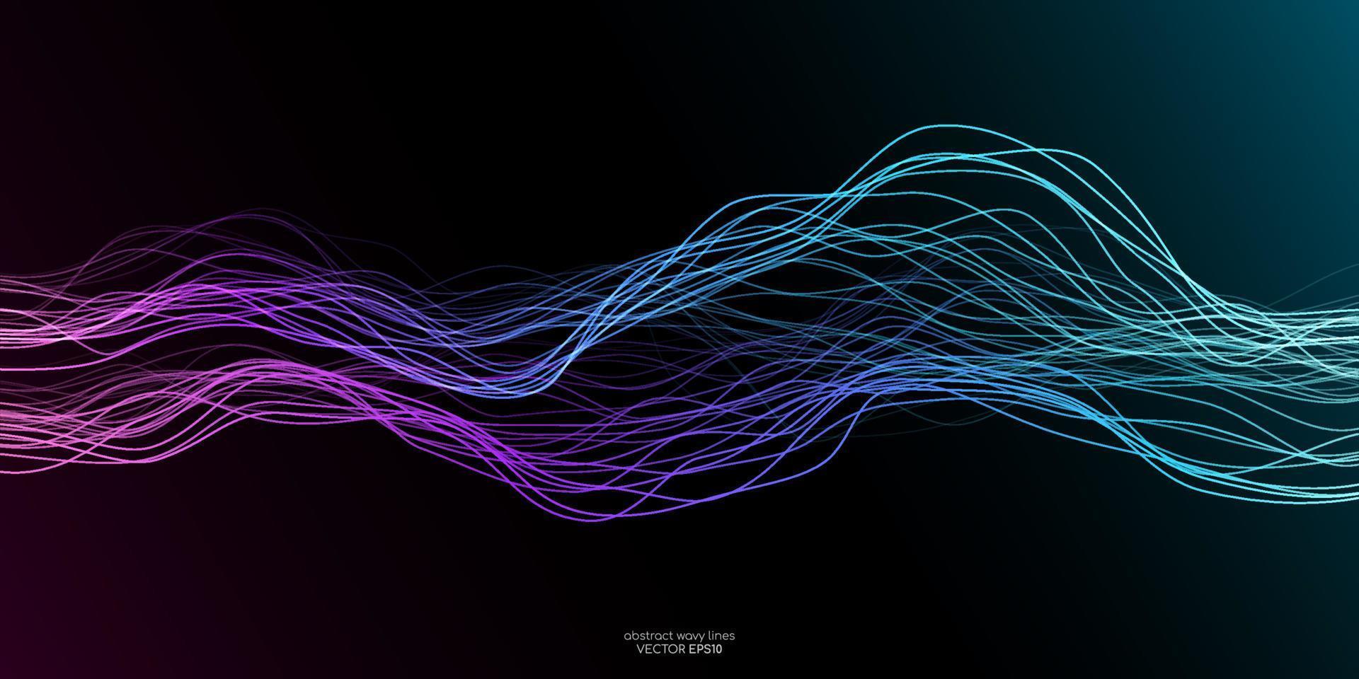 Vector wave lines flowing dynamic in colorful purple blue green isolated on black background for concept of AI technology, digital, communication, science, music