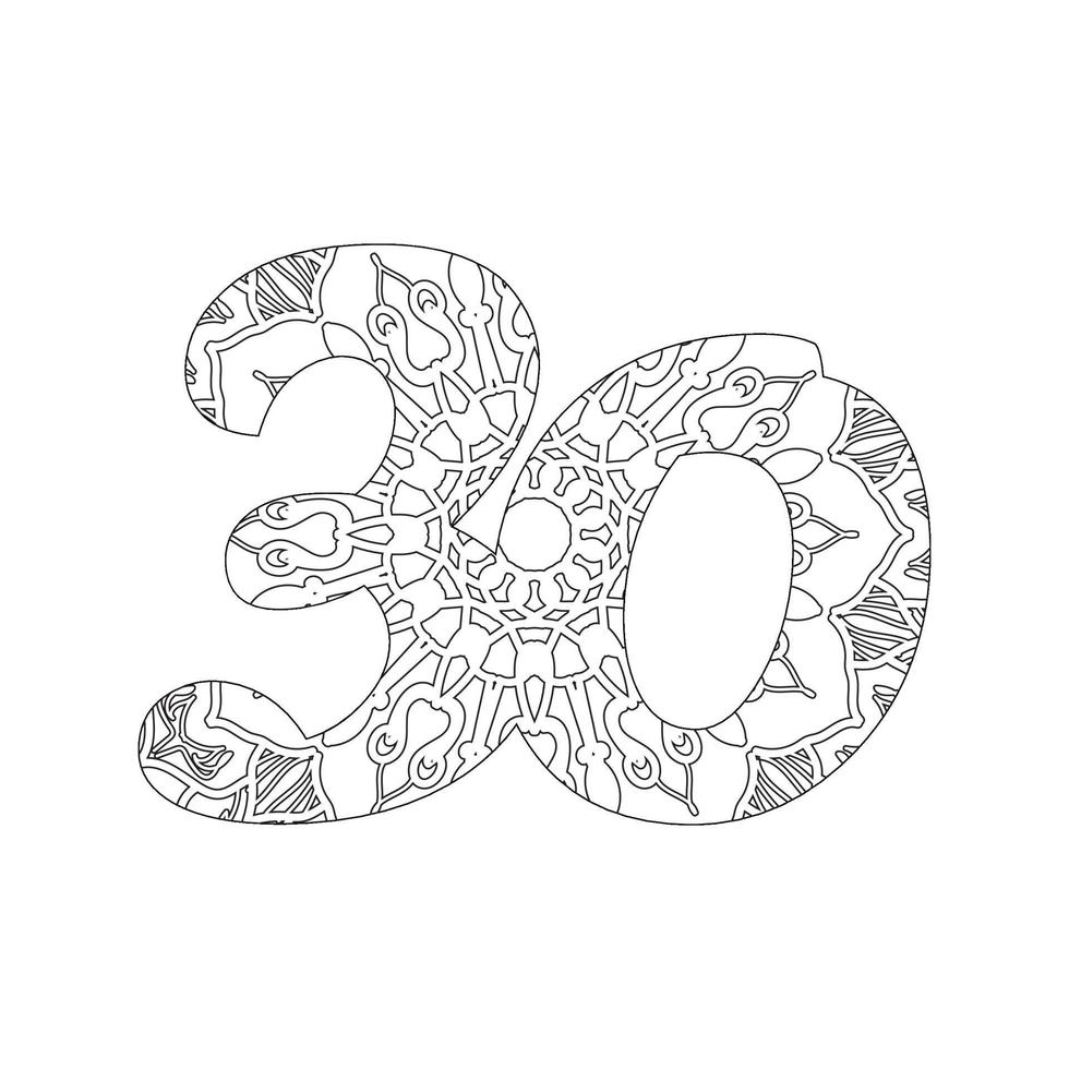 número 30 con mandala. ornamento decorativo en estilo étnico oriental. página de libro para colorear vector