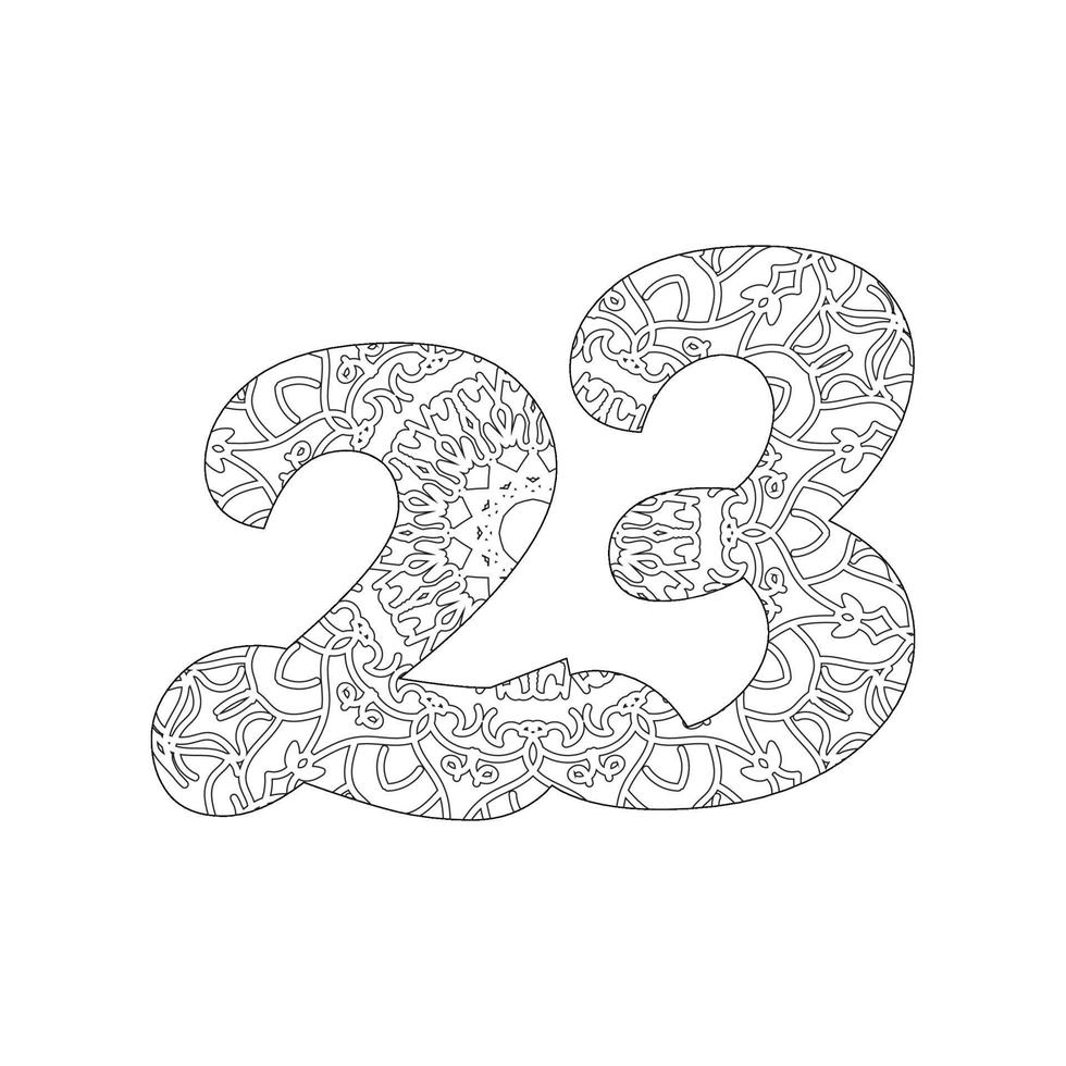 número 23 con mandala. adorno decorativo en estilo étnico oriental. página del libro para colorear vector