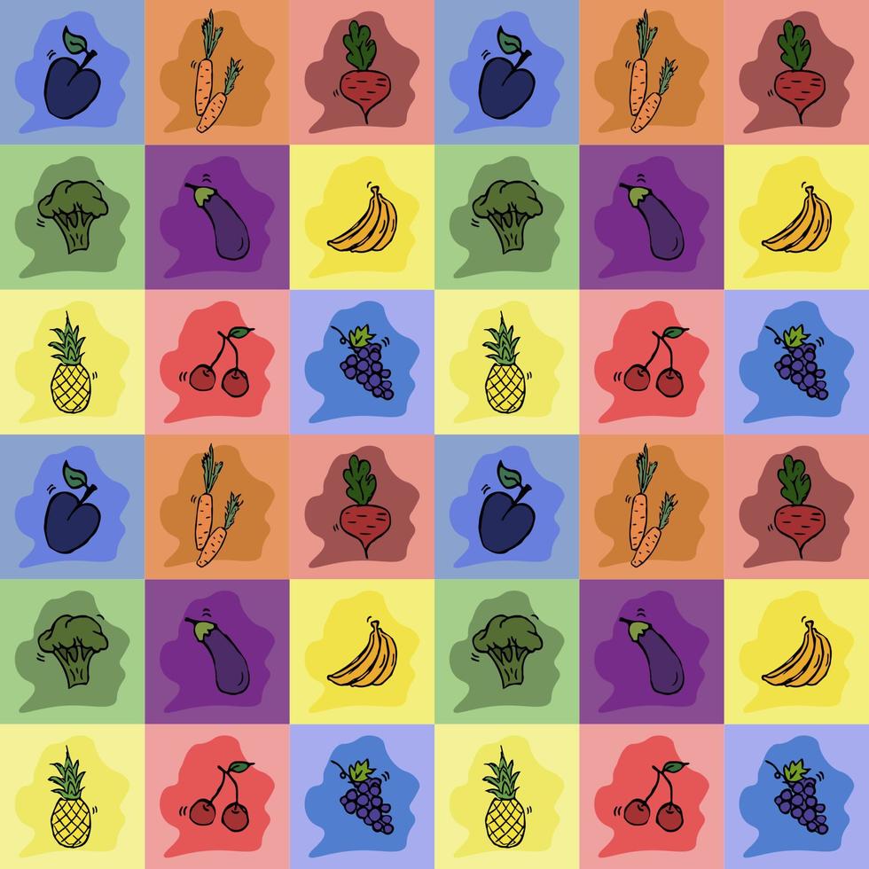 Seamless pattern with food icons. Colored vector food icons. vegetables and fruits. Doodle food icons
