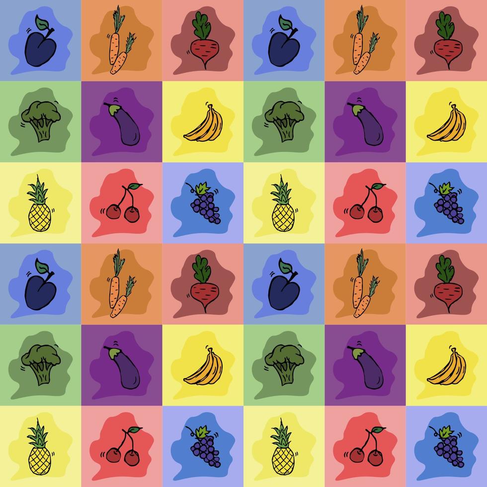 patrón sin costuras con iconos de comida. iconos de alimentos vectoriales de colores. vegetales y frutas. iconos de comida de garabato vector