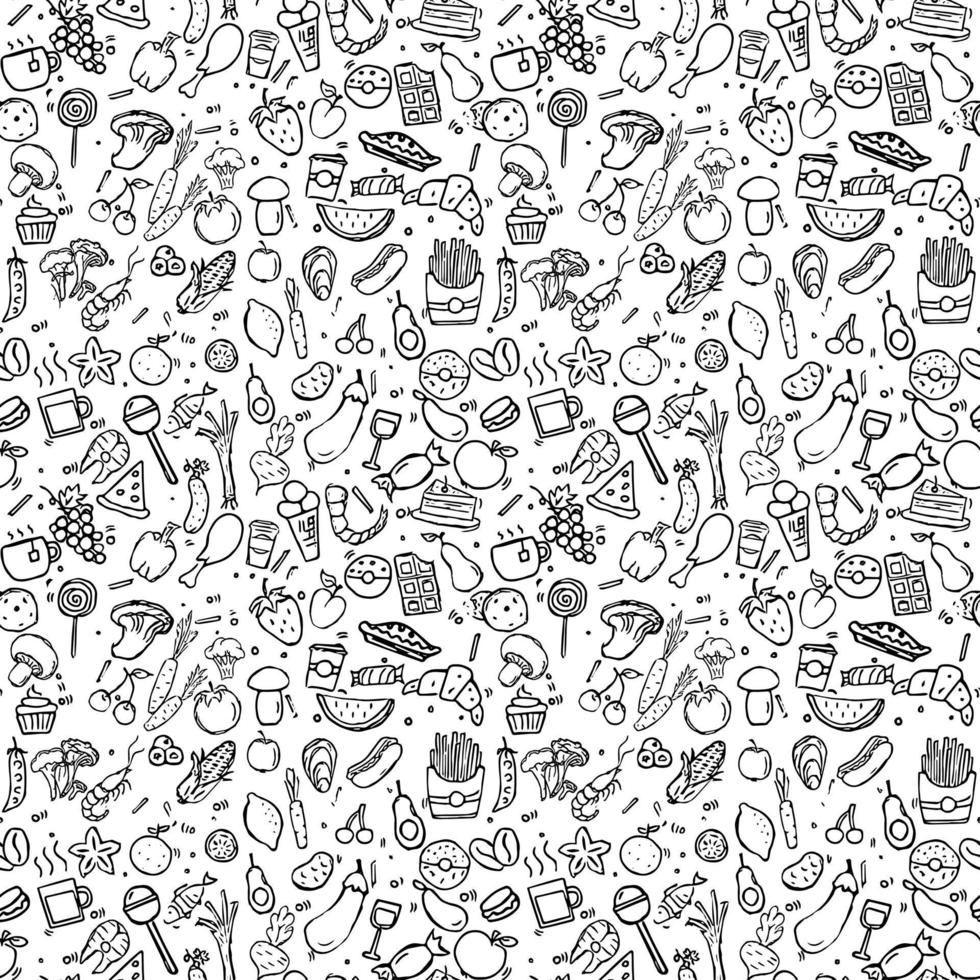 seamless pattern with food icons. icons of seafood, mushrooms, sweets, vegetables and fruits. vector food icons