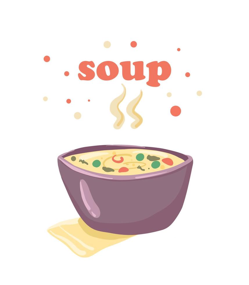 A bowl of hot homemade soup with vegetables. Vegetable soup. Soup for vegetarians. Meat broth. vector